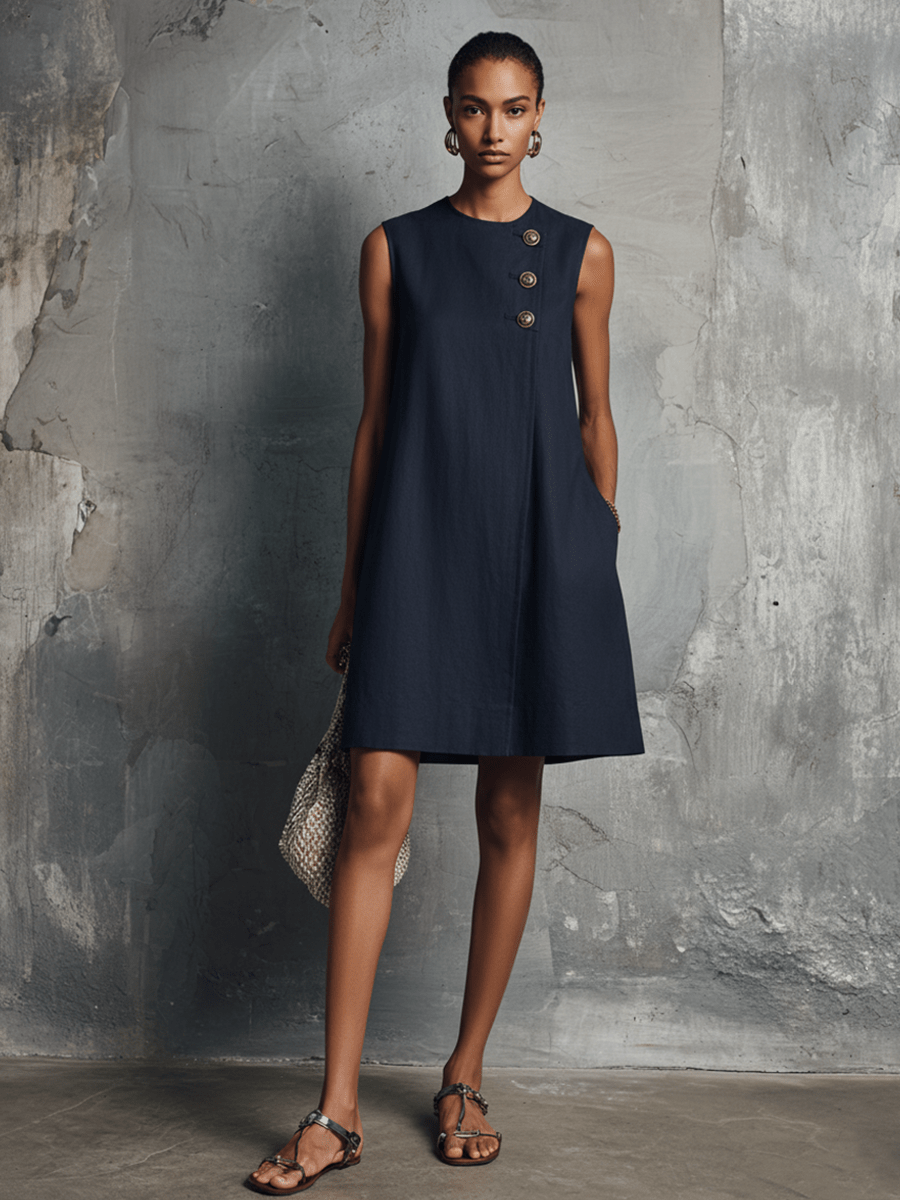 Womens dress featuring an asymmetric button detail and side pocket, designed in a lightweight minimalist commuter style perfect for everyday wear. 1