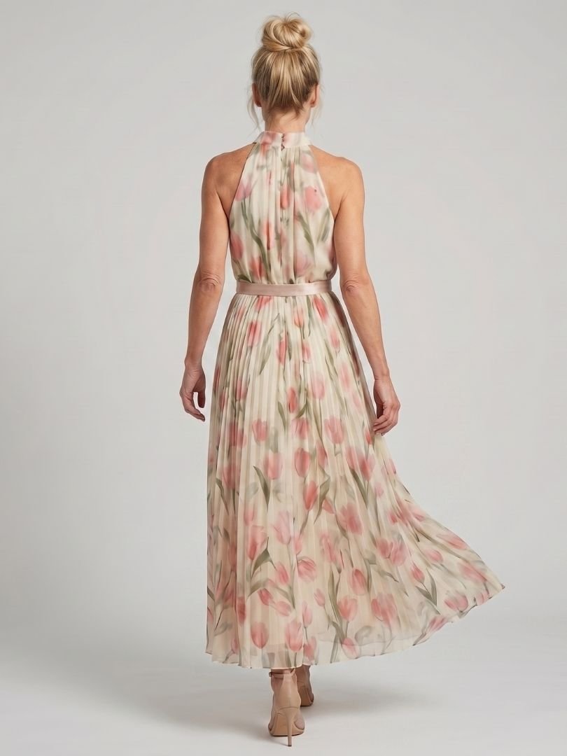 Lightweight floral midi dress for women featuring a stylish belt detail, perfect for wedding guests and summer events. 5
