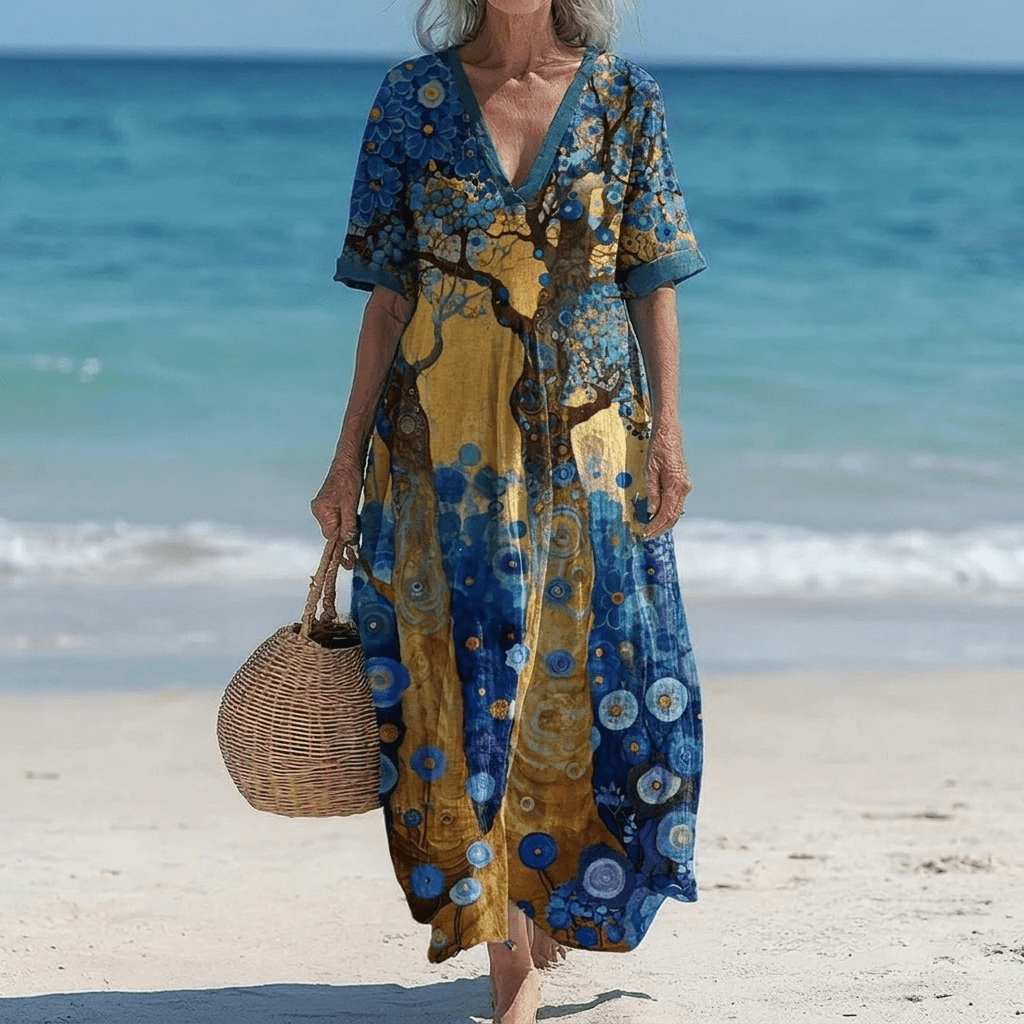 Elegant women's mid-length dress with a chic loose fit, perfect for summer and formal occasions, featuring a stylish design and comfortable fabric. 2