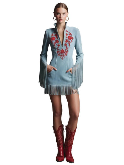 Women's blue faux suede short dress featuring embroidered tassels and classic Western charm, perfect for a stylish and trendy look. 3