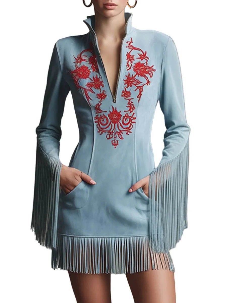 Women's blue faux suede short dress featuring embroidered tassels and classic Western charm, perfect for a stylish and trendy look. 0