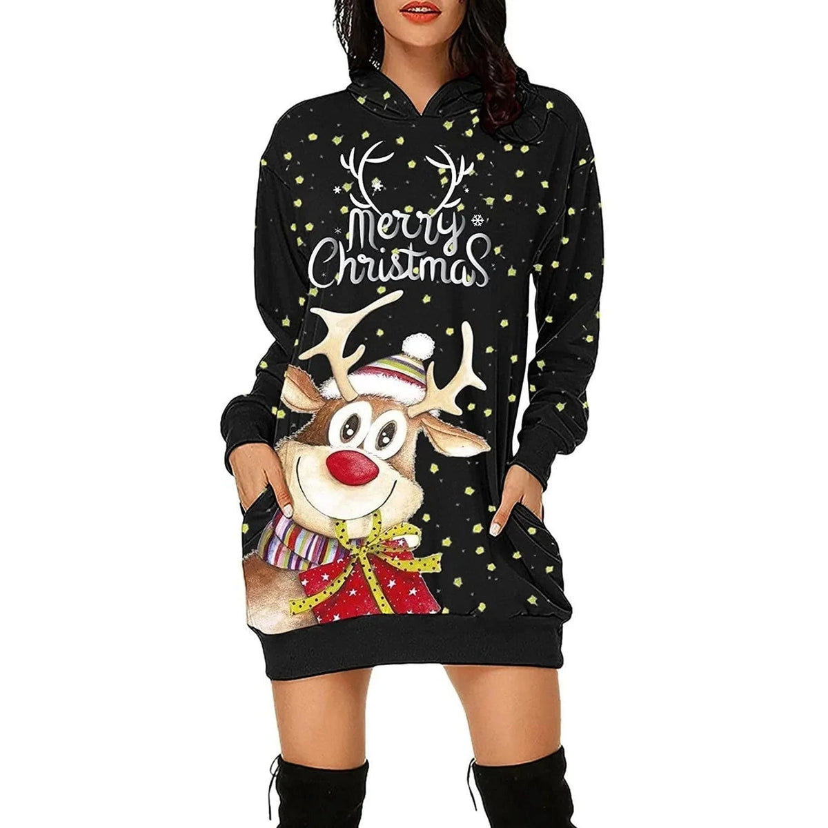 Women's A-Line long sleeve winter dress featuring a hooded neckline and vibrant floral print, crafted from soft wool-feel fabric for warmth and style. 1