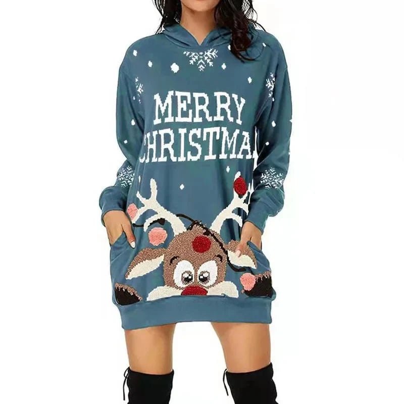 Women's A-Line long sleeve winter dress featuring a hooded neckline and vibrant floral print, crafted from soft wool-feel fabric for warmth and style. 5