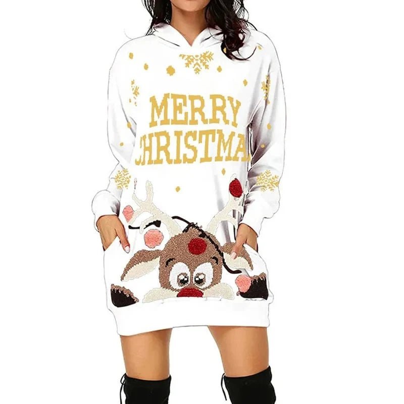 Women's A-Line long sleeve winter dress featuring a hooded neckline and vibrant floral print, crafted from soft wool-feel fabric for warmth and style. 4