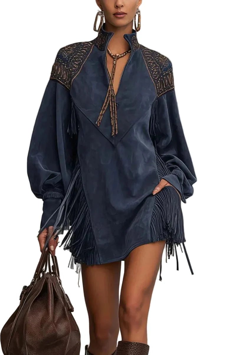Women's indigo faux suede dress featuring a zip-up stand collar, intricate embroidery, relaxed fit, and stylish tassels. 0