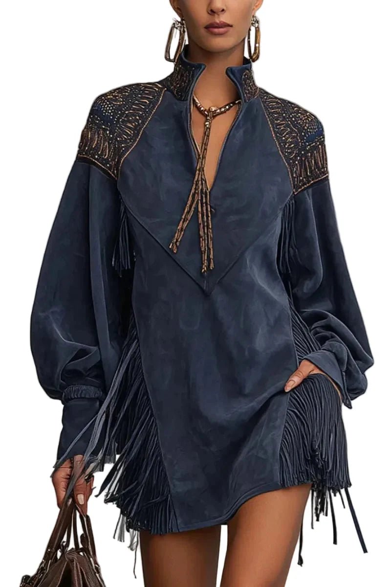 Women's indigo faux suede dress featuring a zip-up stand collar, intricate embroidery, relaxed fit, and stylish tassels. 3