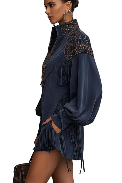 Women's indigo faux suede dress featuring a zip-up stand collar, intricate embroidery, relaxed fit, and stylish tassels. 1