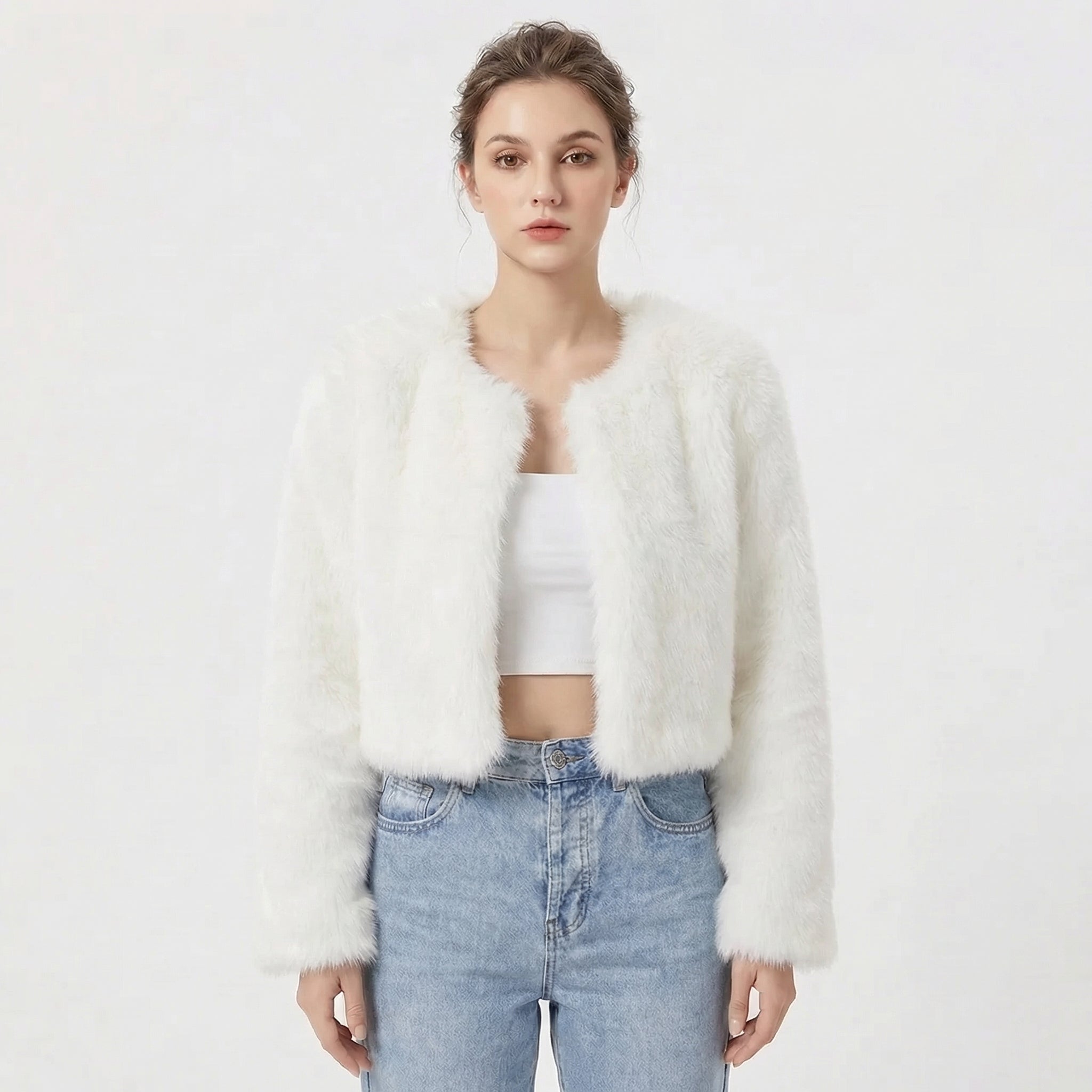 Women's faux fur jacket featuring a stylish cropped silhouette, perfect for adding a soft, lightweight layer to winter outfits, ideal for elegant evening wear. 0
