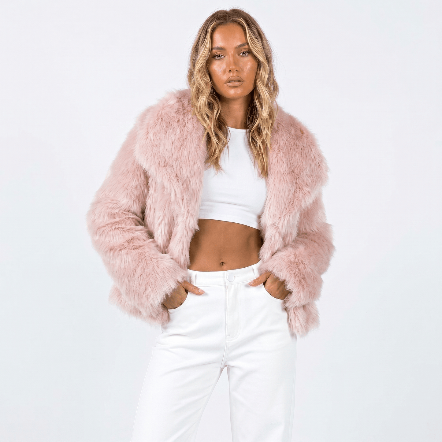 Women's faux fur jacket featuring an oversized collar, designed as a cropped winter coat suitable for casual and evening wear. 5