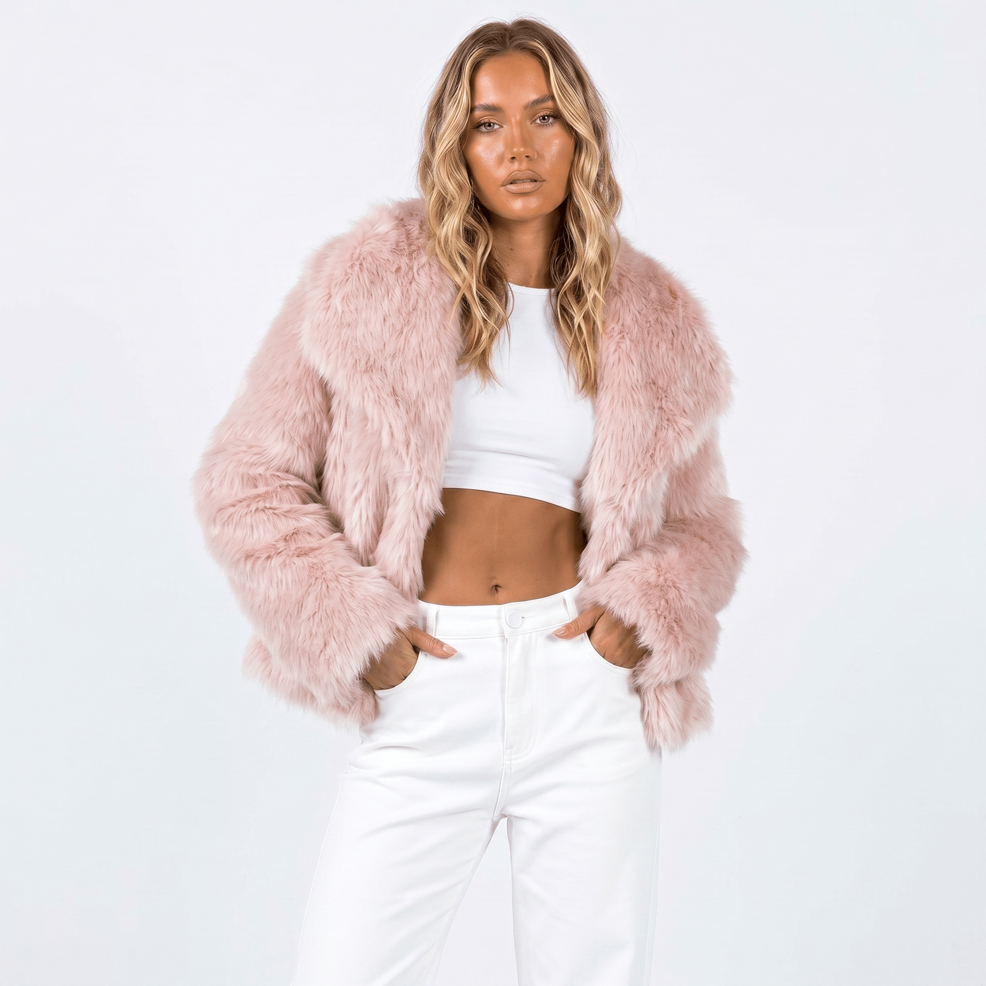 Women's faux fur jacket featuring an oversized collar, designed as a cropped winter coat suitable for casual and evening wear. 5