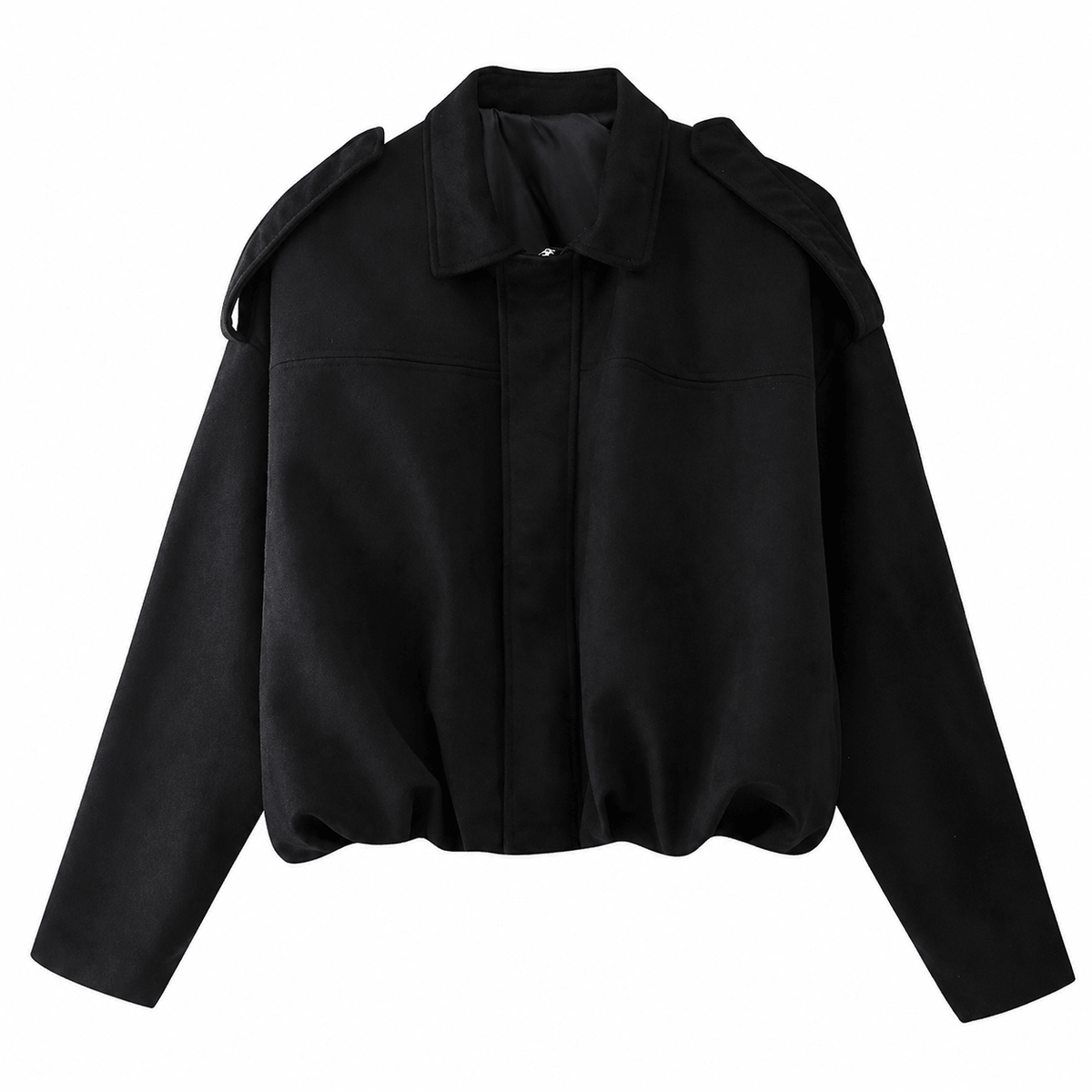 Women's faux suede bomber jacket featuring pronounced shoulders, a casual short cut, and a vintage-inspired design, perfect for chic, everyday wear. 4