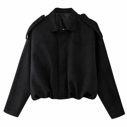 Women's faux suede bomber jacket featuring pronounced shoulders, a casual short cut, and a vintage-inspired design, perfect for chic, everyday wear. 4