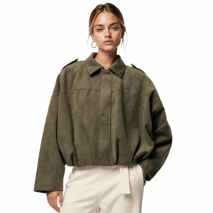 Women's faux suede bomber jacket featuring pronounced shoulders, a casual short cut, and a vintage-inspired design, perfect for chic, everyday wear. 1