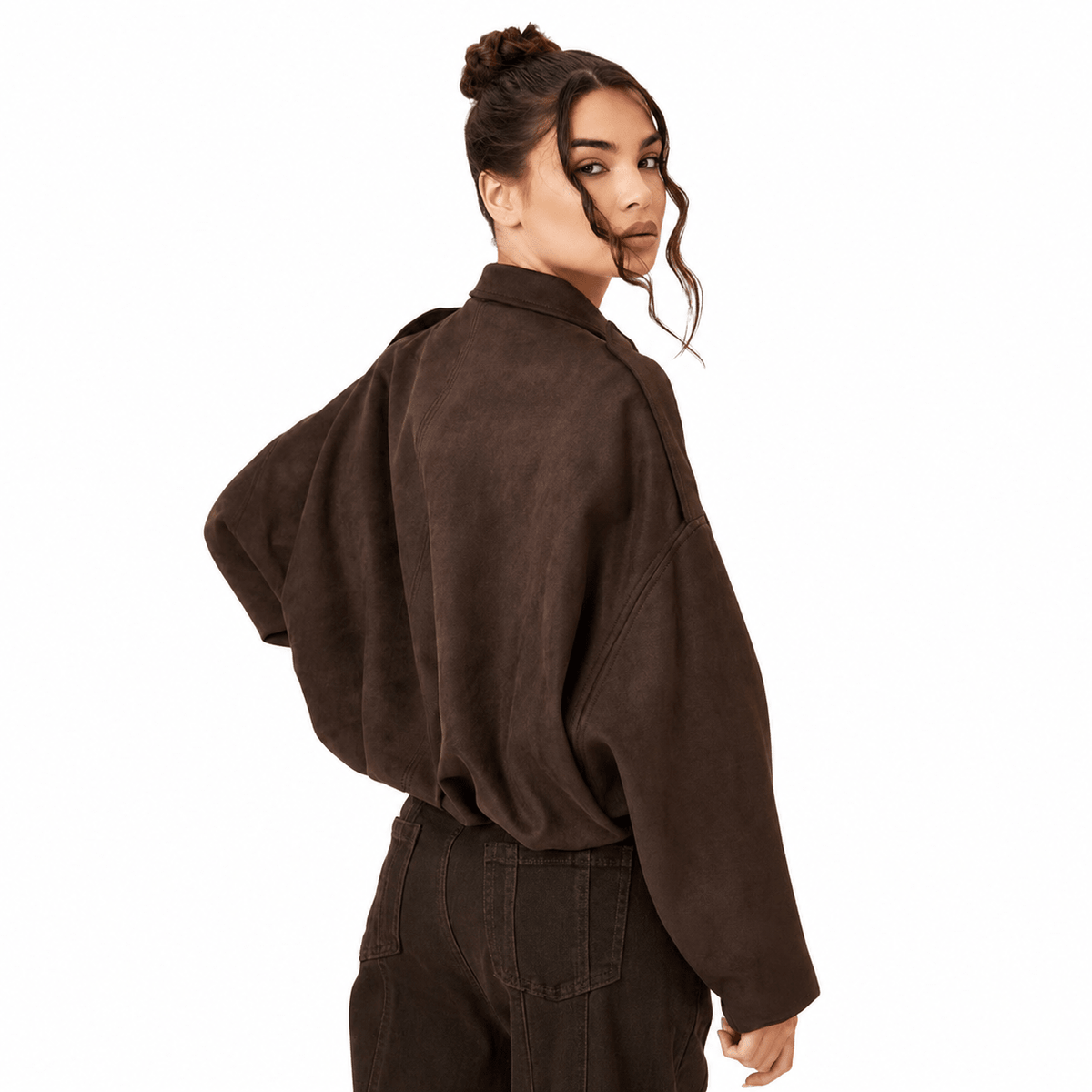 Women's faux suede bomber jacket featuring pronounced shoulders, a casual short cut, and a vintage-inspired design, perfect for chic, everyday wear. 2