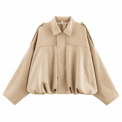 Women's faux suede bomber jacket featuring pronounced shoulders, a casual short cut, and a vintage-inspired design, perfect for chic, everyday wear. 5