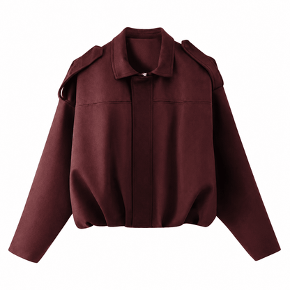 Women's faux suede bomber jacket featuring pronounced shoulders, a casual short cut, and a vintage-inspired design, perfect for chic, everyday wear. 3