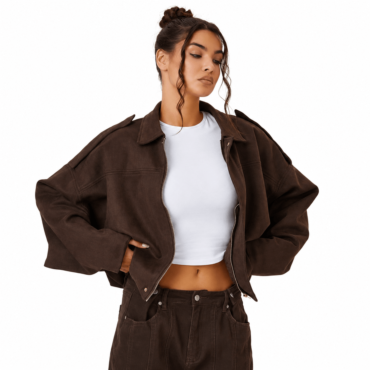 Women's faux suede bomber jacket featuring pronounced shoulders, a casual short cut, and a vintage-inspired design, perfect for chic, everyday wear. 0