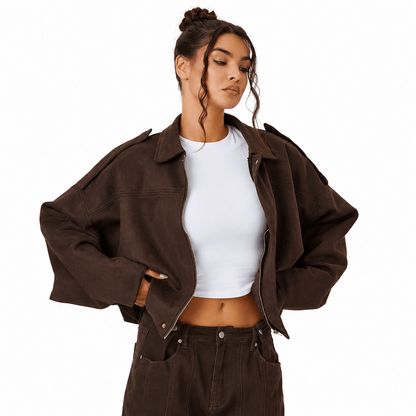 Women's faux suede bomber jacket featuring pronounced shoulders, a casual short cut, and a vintage-inspired design, perfect for chic, everyday wear. 0
