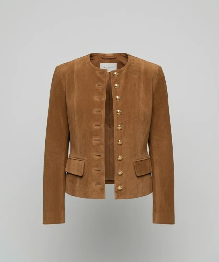 Women's faux suede jacket featuring a collarless cropped design and elegant gold buttons, perfect for a smart casual look. 4