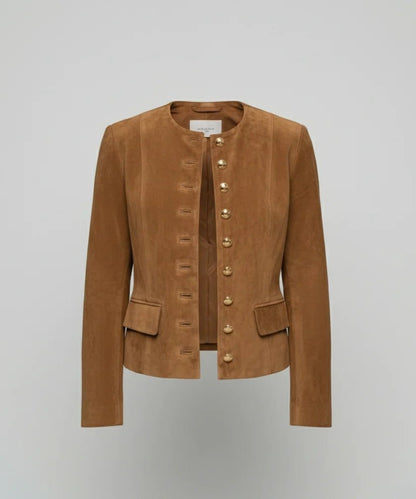 Women's faux suede jacket featuring a collarless cropped design and elegant gold buttons, perfect for a smart casual look. 4