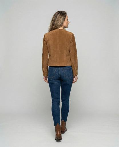 Women's faux suede jacket featuring a collarless cropped design and elegant gold buttons, perfect for a smart casual look. 2
