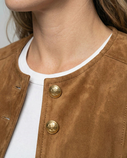 Women's faux suede jacket featuring a collarless cropped design and elegant gold buttons, perfect for a smart casual look. 3