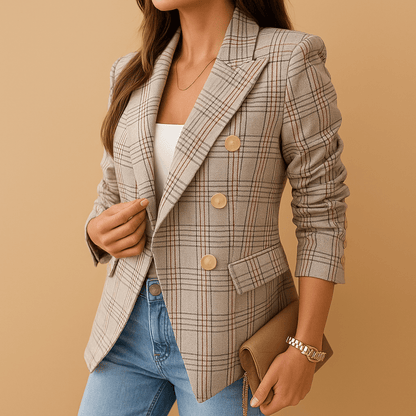 Elegant black women's fitted blazer featuring functional pockets, perfect for professional and stylish outfits in classic shades. 2