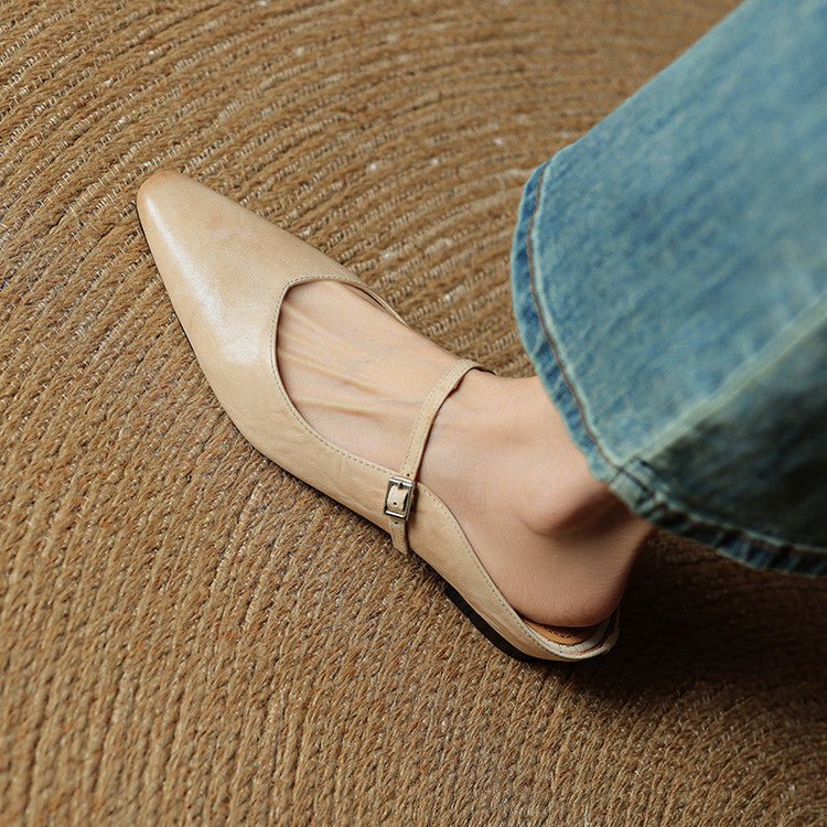 Women's black leather flats featuring a buckle strap and pointed-toe slip-on Mary Jane design, perfect for stylish and comfortable everyday wear. 3