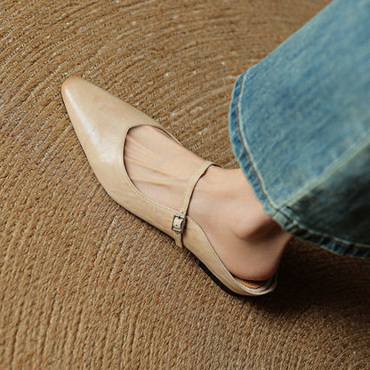 Women's black leather flats featuring a buckle strap and pointed-toe slip-on Mary Jane design, perfect for stylish and comfortable everyday wear. 3