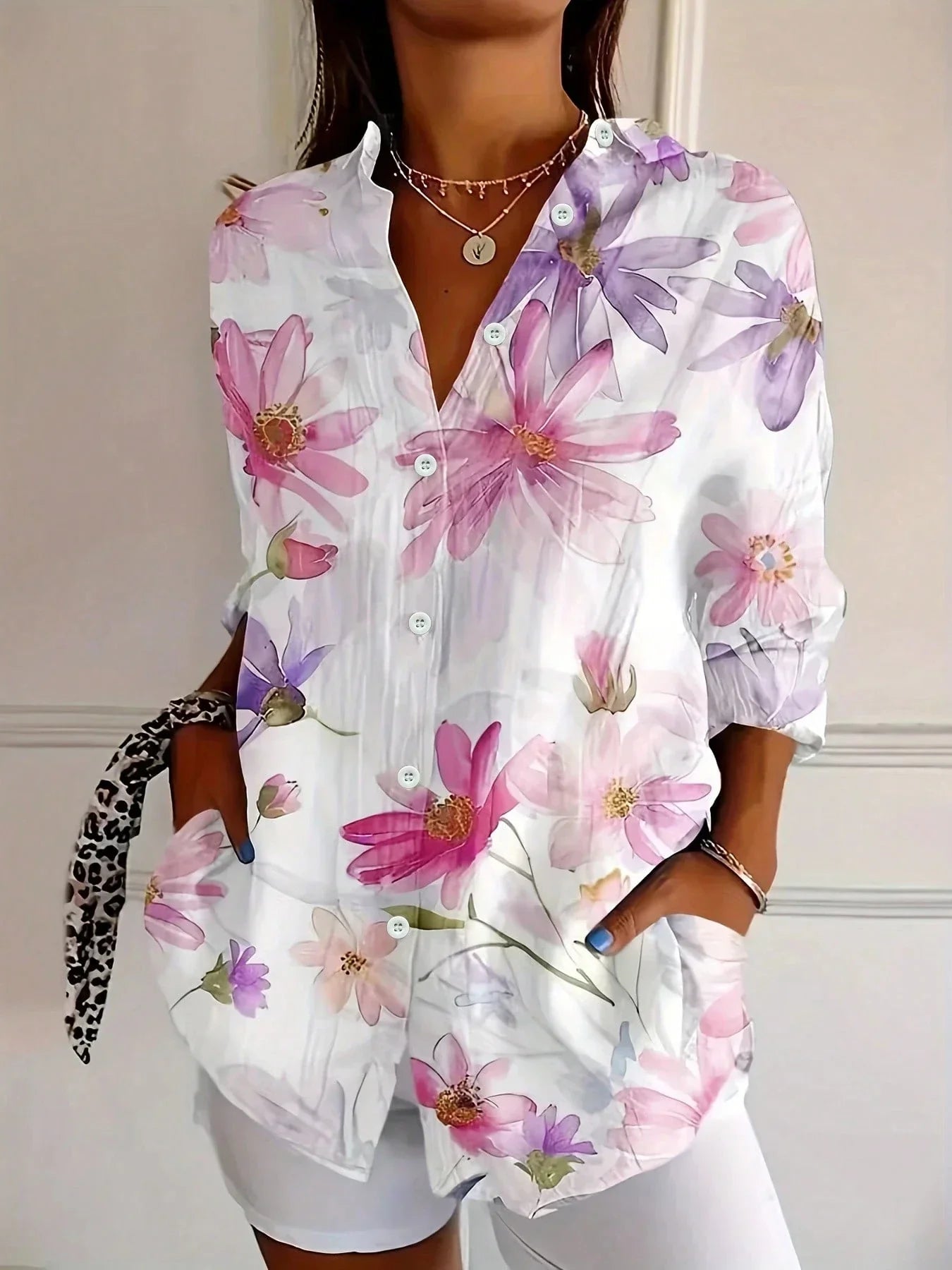 Womens Floral Blouse with Button Front, colorful summer top in plus size from S to 5XL, featuring a vibrant floral print ideal for warm 3