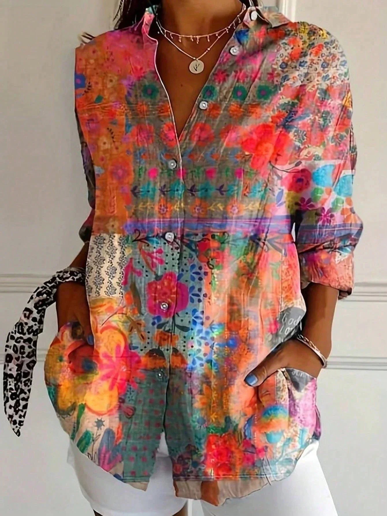 Womens Floral Blouse with Button Front, colorful summer top in plus size from S to 5XL, featuring a vibrant floral print ideal for warm 1