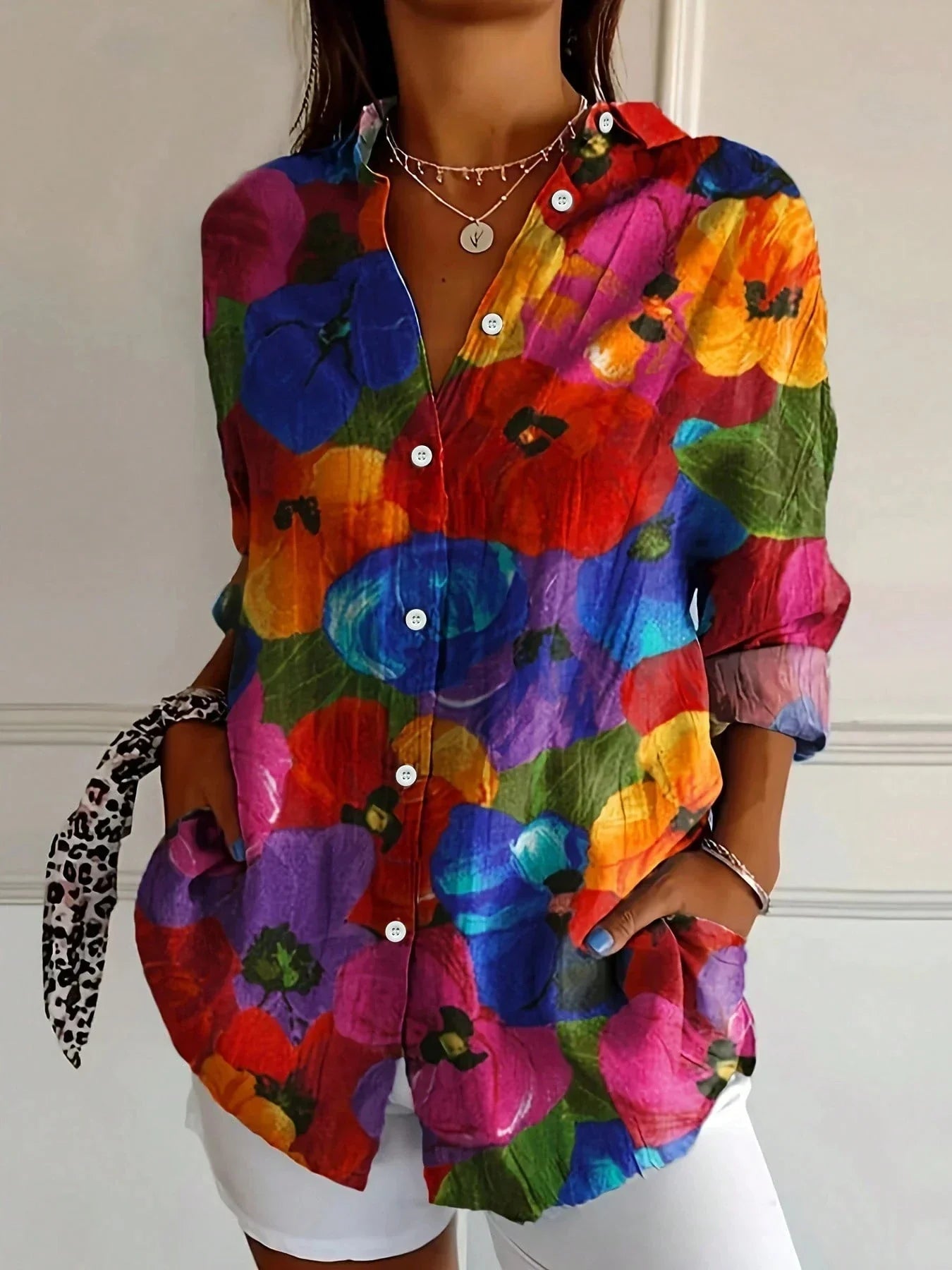 Womens Floral Blouse with Button Front, colorful summer top in plus size from S to 5XL, featuring a vibrant floral print ideal for warm 5