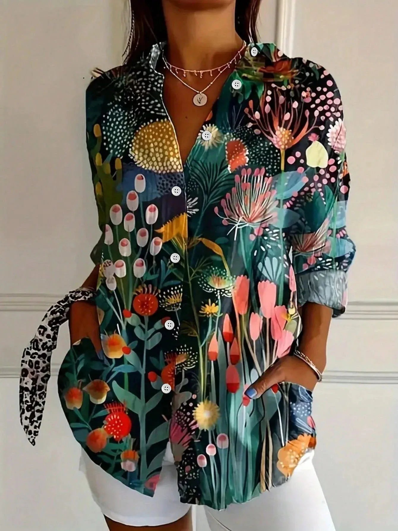 Womens Floral Blouse with Button Front, colorful summer top in plus size from S to 5XL, featuring a vibrant floral print ideal for warm 2