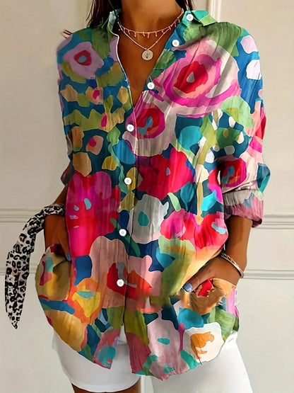 Womens Floral Blouse with Button Front, colorful summer top in plus size from S to 5XL, featuring a vibrant floral print ideal for warm 4