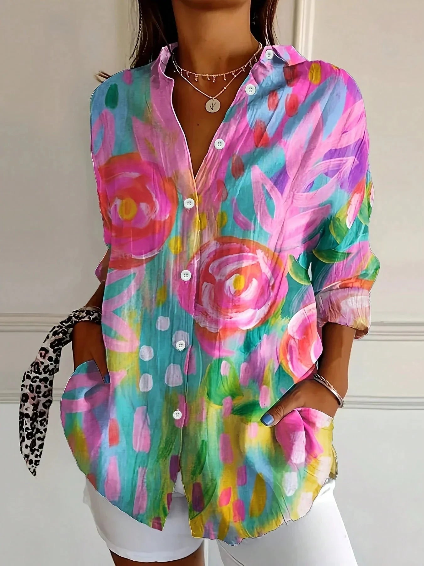 Womens Floral Blouse with Button Front, colorful summer top in plus size from S to 5XL, featuring a vibrant floral print ideal for warm 0