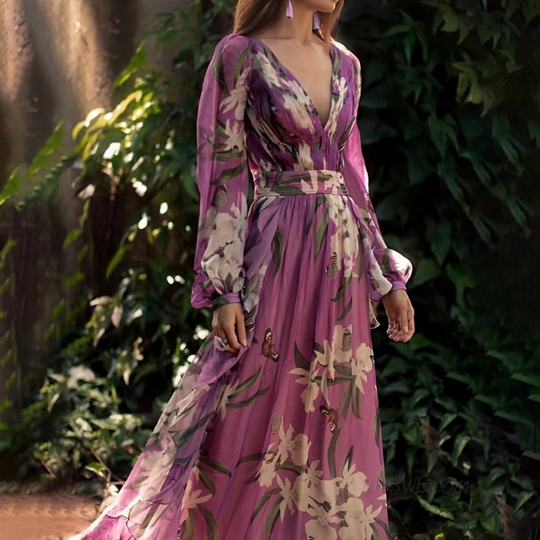 Women's floral maxi dress featuring a stylish V neckline and flowing sleeves, perfect for summer occasions and designed for comfort and elegance. 1