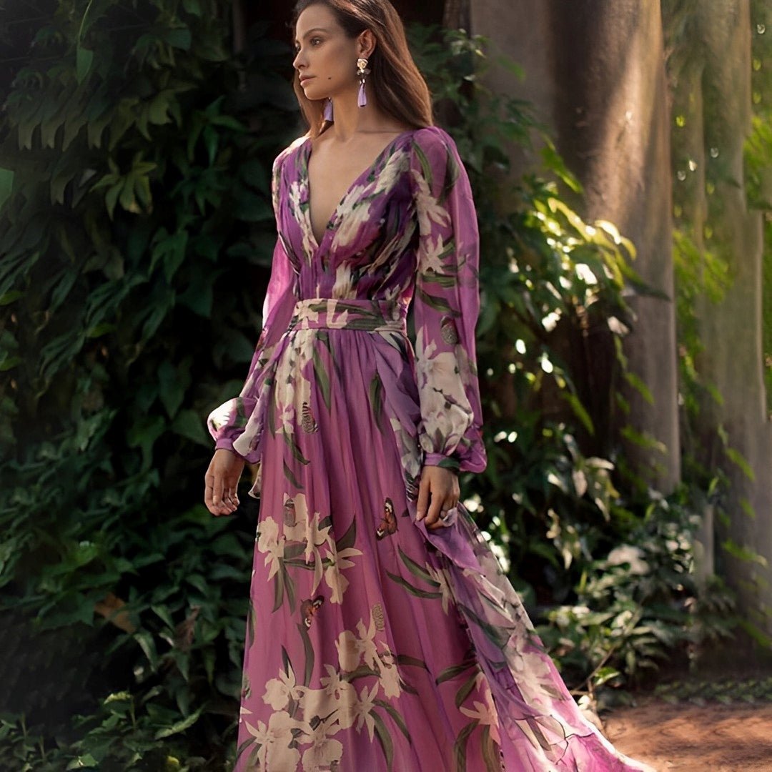 Women's floral maxi dress featuring a stylish V neckline and flowing sleeves, perfect for summer occasions and designed for comfort and elegance. 0