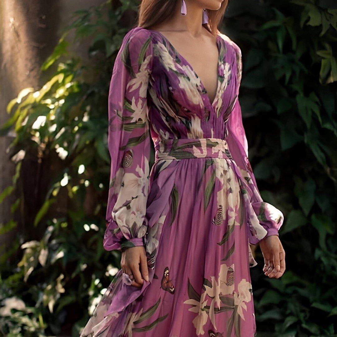 Women's floral maxi dress featuring a stylish V neckline and flowing sleeves, perfect for summer occasions and designed for comfort and elegance. 2