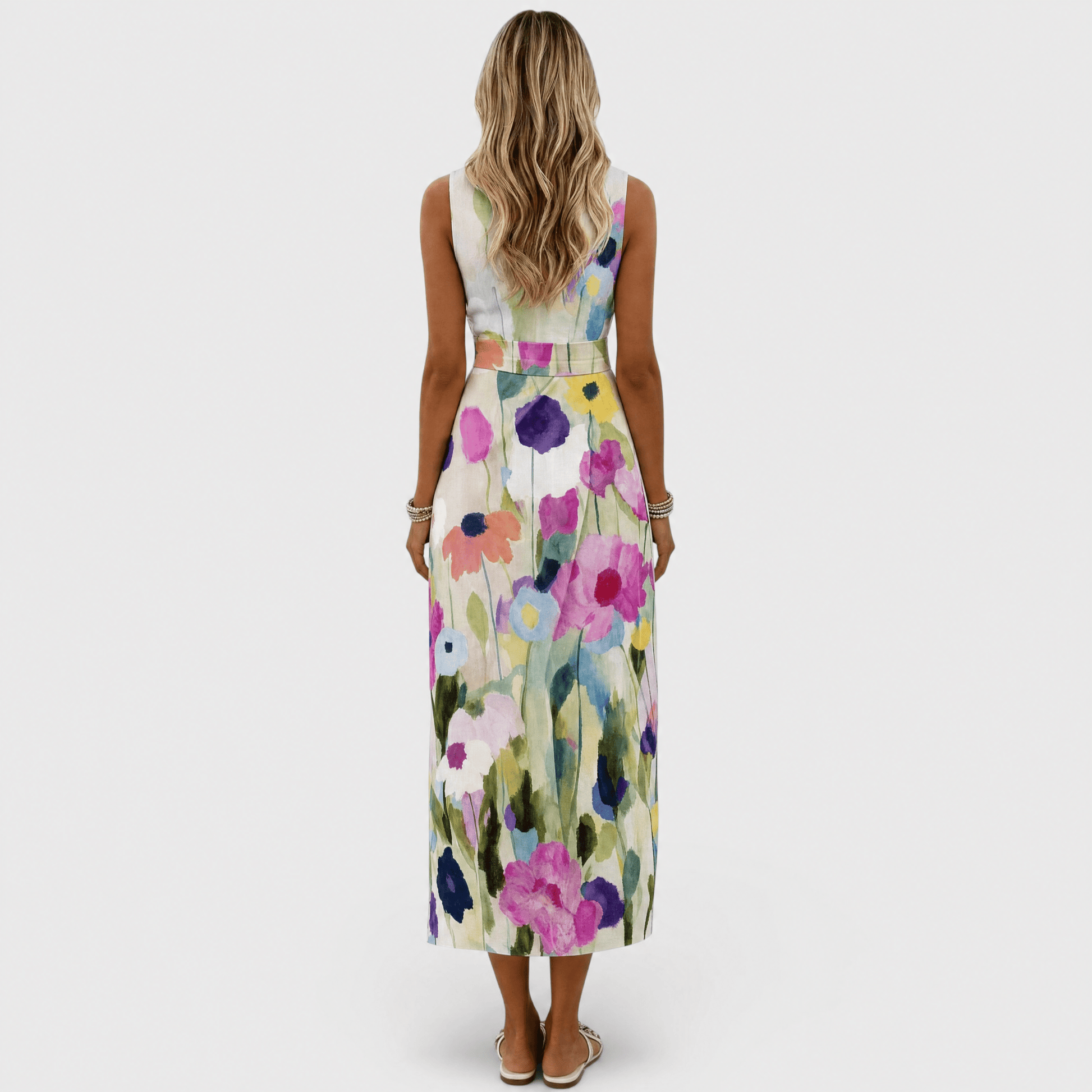 Womens floral midi dress featuring an A-line silhouette and waist belt, designed with a vibrant watercolor print, perfect for summer occasions. 3