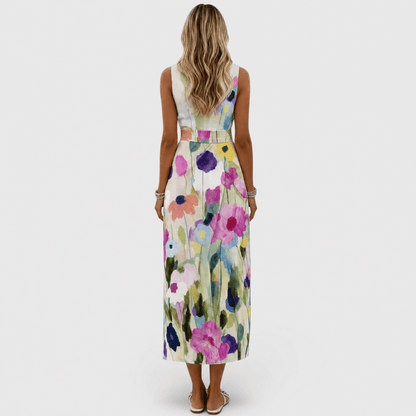 Womens floral midi dress featuring an A-line silhouette and waist belt, designed with a vibrant watercolor print, perfect for summer occasions. 3