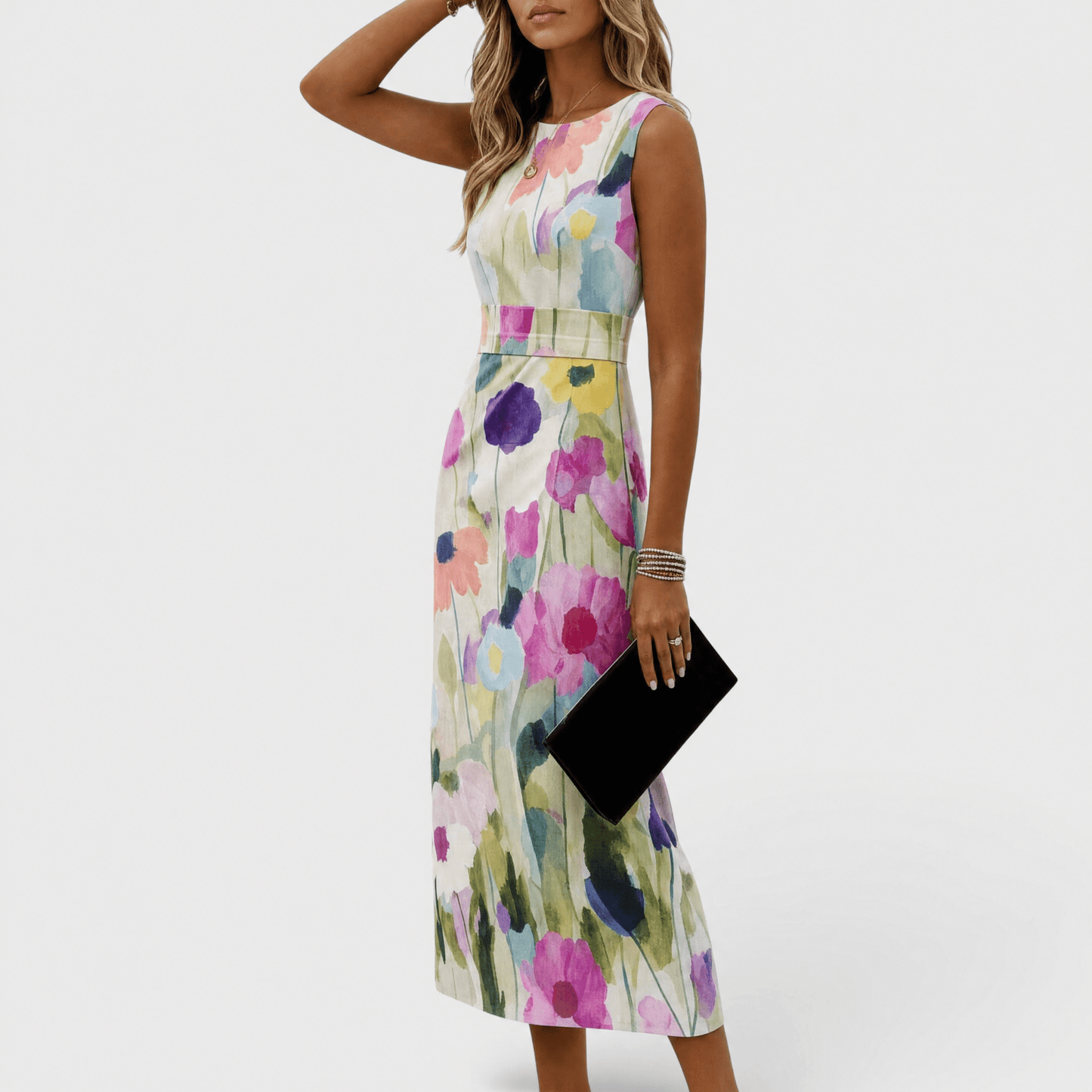 Womens floral midi dress featuring an A-line silhouette and waist belt, designed with a vibrant watercolor print, perfect for summer occasions. 2