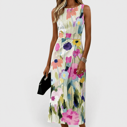 Womens floral midi dress featuring an A-line silhouette and waist belt, designed with a vibrant watercolor print, perfect for summer occasions. 0