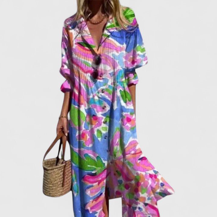Women's floral midi dress featuring a button front design, perfect for vibrant summer outings and casual occasions. 4