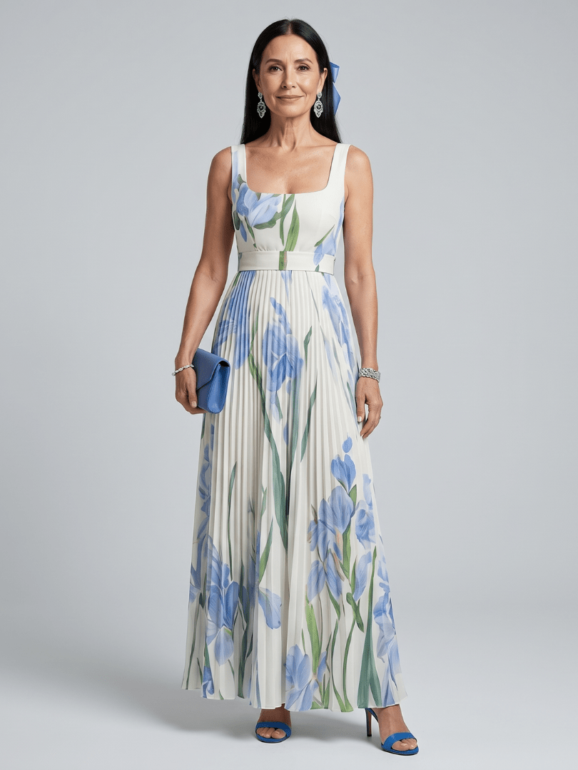 Women's floral midi dress featuring a stylish square neckline, perfect for summer weddings, crafted from lightweight fabric for comfort and elegance. 0