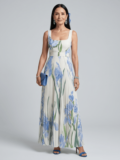 Women's floral midi dress featuring a stylish square neckline, perfect for summer weddings, crafted from lightweight fabric for comfort and elegance. 0
