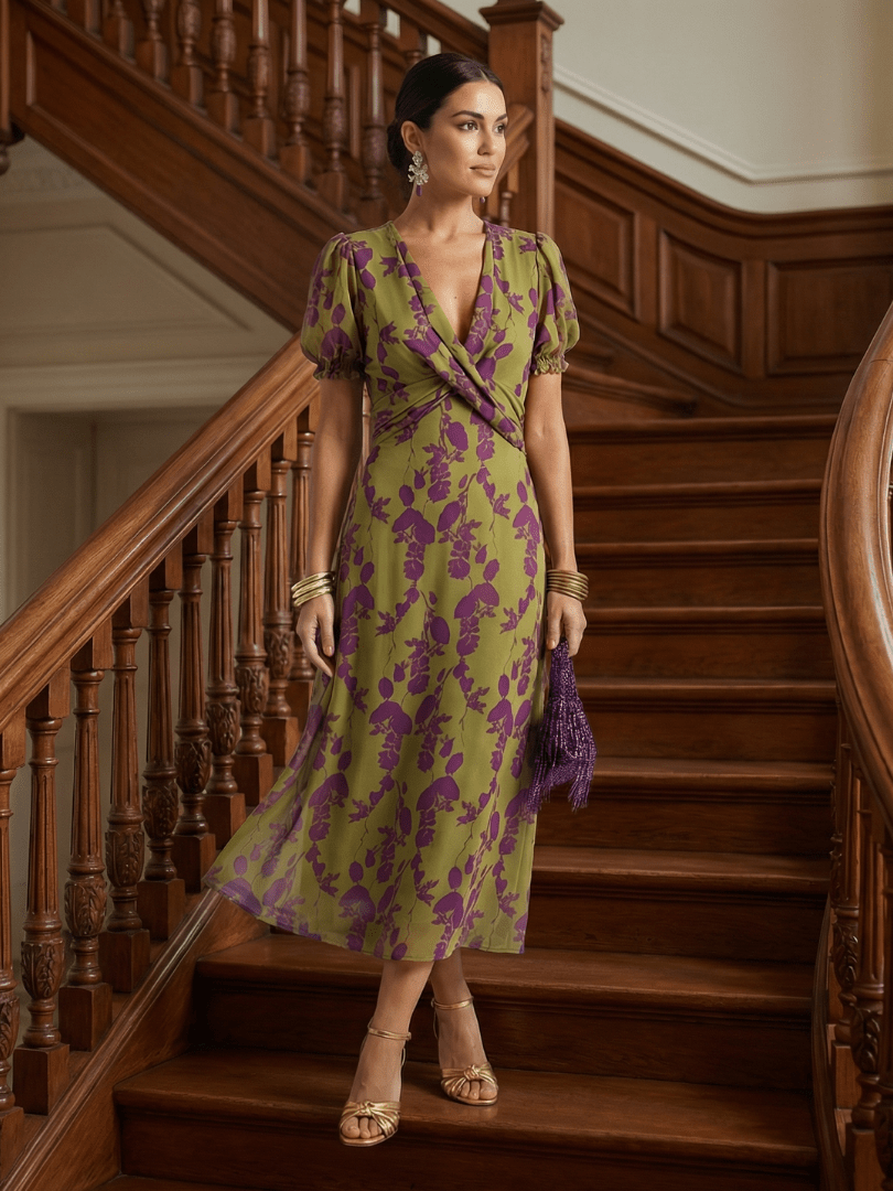 Womens floral midi dress featuring a wrap bodice and short sleeves, perfect for summer, made from lightweight fabric for comfort and style. 4