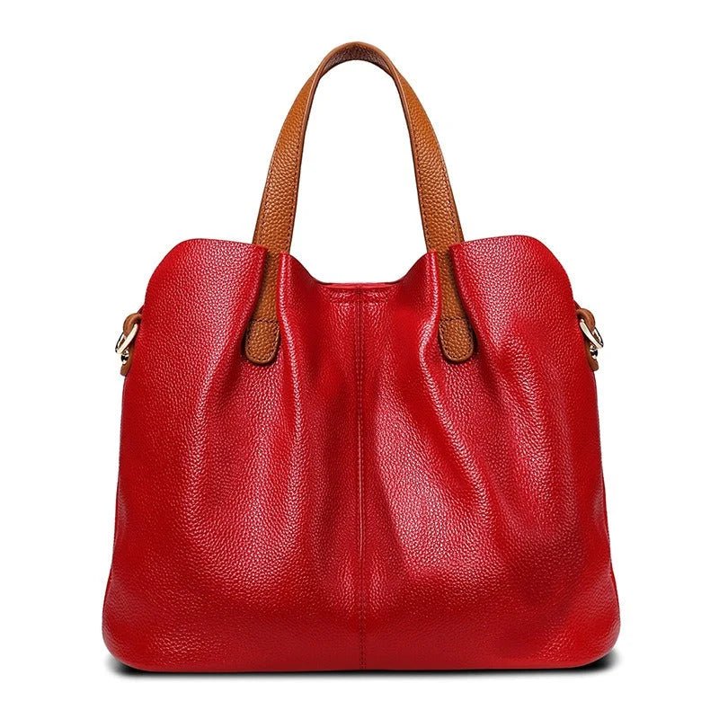 Women's genuine cowhide leather handbag with adjustable strap, featuring a spacious design ideal for everyday use. 4