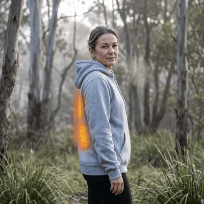 Women's heated zip-up hoodie featuring 3-level heat control, a cozy kangaroo pocket, and made from a warm polyester blend, perfect for cold weather 4