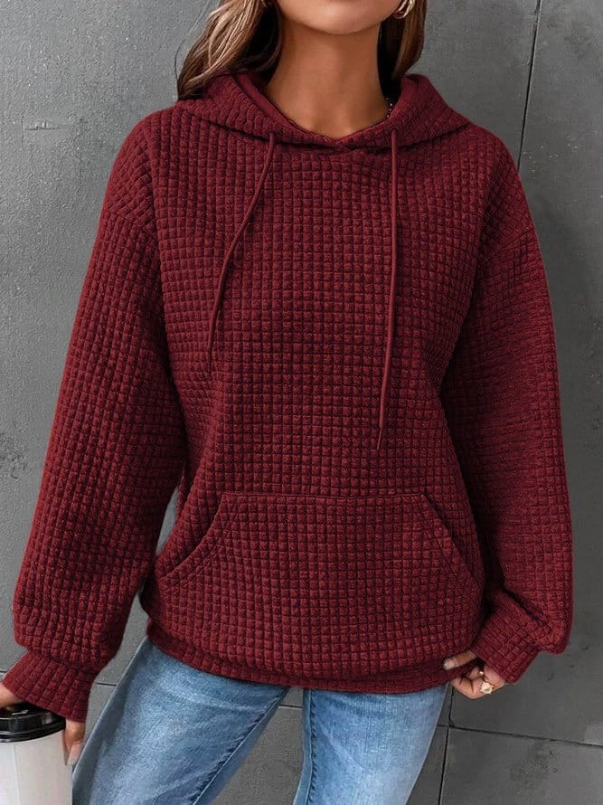 Women's relaxed waffle knit hoodie pullover featuring a drawstring hood and kangaroo pocket, perfect for everyday layering and casual wear. 7