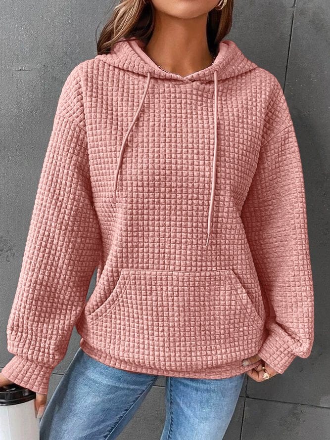 Women's relaxed waffle knit hoodie pullover featuring a drawstring hood and kangaroo pocket, perfect for everyday layering and casual wear. 3